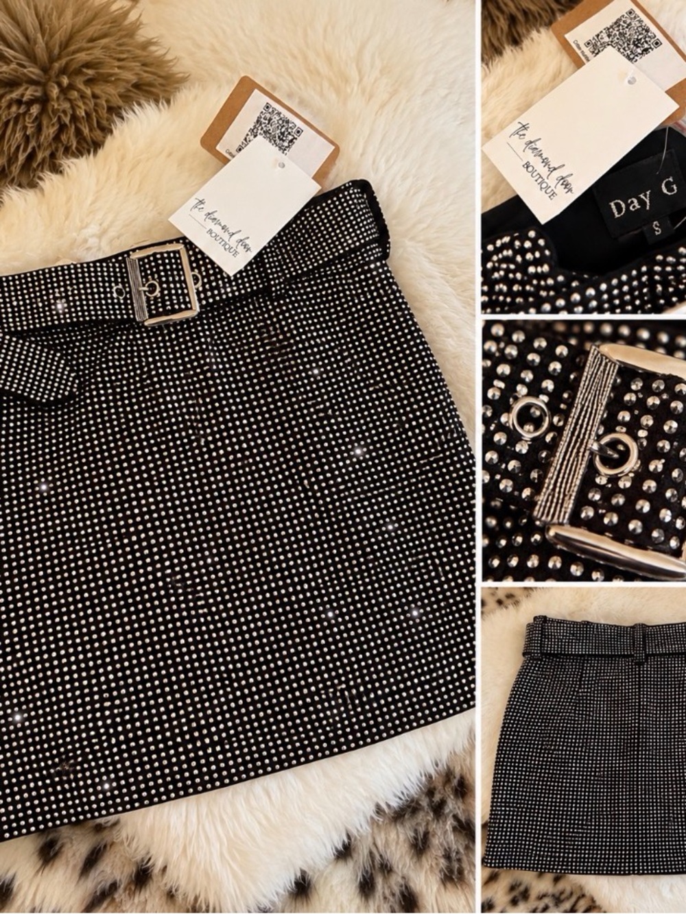 Day G Black Rhinestone Crystal Mini Skirt Belted NWT Size Small